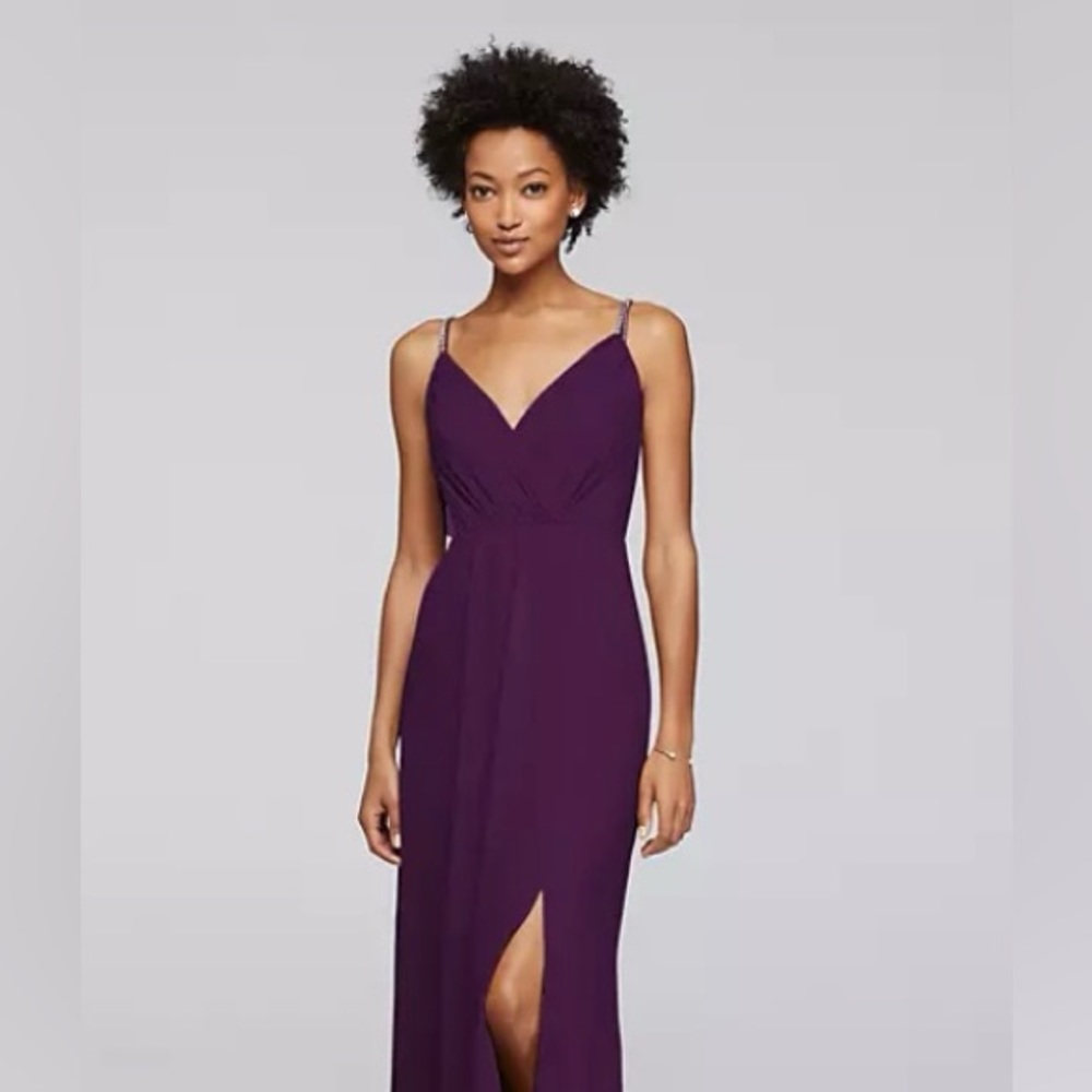 David’s Bridal bridesmaid dress with beaded straps in plum